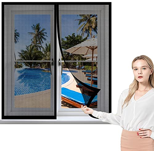 Magnet Fliegengitter Fenster 95 x 150 cm, Insektenschutz Fliegengitter Balkontür Moskitonetz Fliegennetz, Klebmontage ohne Bohren für Windows/Wohnzimmer Fenstern, Schwarz