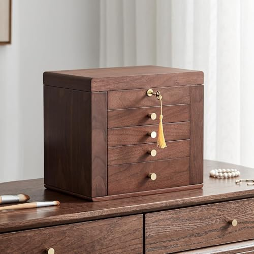 Homruilink Boite à Bijoux en Noyer Noir, Organisateur à 5 Niveaux avec 2 Portes Latérales, Miroir et Serrure, Style Classique, Rangement pour Colliers, Bagues et Montres, Cadeau pour la Fête des Pères