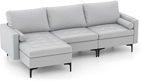 RELAX4LIFE Ecksofa mit Schlaffunktion, Modulare Sofa mit Kissen, Inklusive Relaxsessel, Eckcouch mit USB-Anschluss, Steckdose & Tasche für Wohmzimmer/Schlafzimmer, Grau (3 Sitzer Ecksofa)