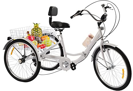 HANGKAI Dreirad für Erwachsene Dreirad 24 Zoll Fahrrad mit Korb 3-Rad Fahrrad für Erwachsene Erwachsene Dreirad 3-Rad Dreirad (White)