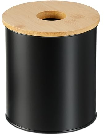 Relaxdays Papelera de Baño, 2 litros, Tapa de Bambú con Agujero, Basura Aseo Redonda, Cubo para Tocador, Negro, 15x13,5 cm