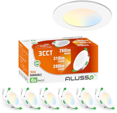 ALUSSO LED-Einbaustrahler, 230 V, dimmbar, ultraflach, 4 W, 310 Lumen, Warmweiß, Neutralweiß, Kaltweiß, schwenkbar, IP44, für Badezimmer, 6 Stück