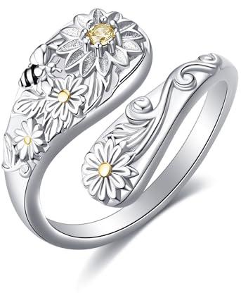 DAYLINLOVE Daisy Löffel Ring 925 Sterling Silber Victorian Vintage Einstellbare Vintage Boho Daisy Schmuck Geschenke für Frauen