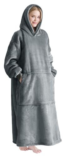 Good Nite Grey Blanket Hoodie for Adults,Oversized Sherpa Fleece Wearable Blanket with Pockets,Ideal for Sofa Reading Bedroom Relaxing Movie Nights & Cold Winter Evenings