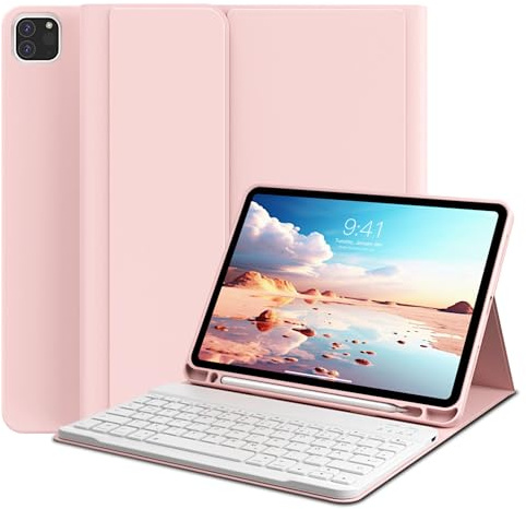 GKABXY Hülle mit Tastatur für iPad Pro 11 4. / 3. / 2. Generation 2022/2021/2020 mit stifthalter, Magnetische Abnehmbare Bluetooth-Tastatur, QWERTZ Layout, für iPad Pro 11 Zoll, Rosa