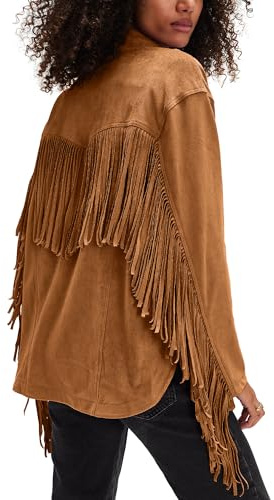 Gacaky Damen Oversized Faux Wildleder Fransen Jacke Vintage Western Cowgirl Quaste Jacken Country Konzert Outfits, Khaki, Mittel