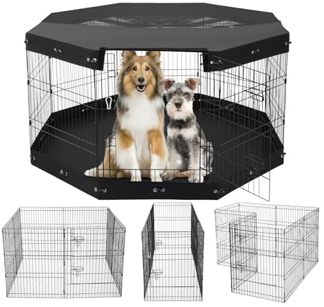 VEVOR Dog Playpen, 8 Pcs 30H x 24W Panels Foldable Metal Pet Exercise Pen, Dog Fence Indoor and Outdoor Pen with Door, Bottom Pad and Top Cover, Pet Playpen for Dogs, Cats, Other Small Animals
