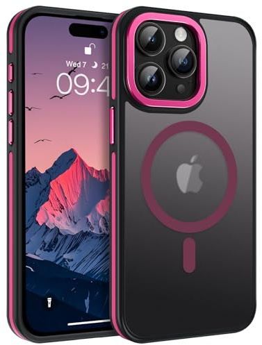 GUAGUA Cover Magnetico per iPhone 15 Pro Max, Custodia iPhone 15 Pro Max Compatibile con MagSafe, Opoco Protettivo Case per Signore Sottile Anti-Graffio Glassato Traslucido Antiurto, Rosa Caldo