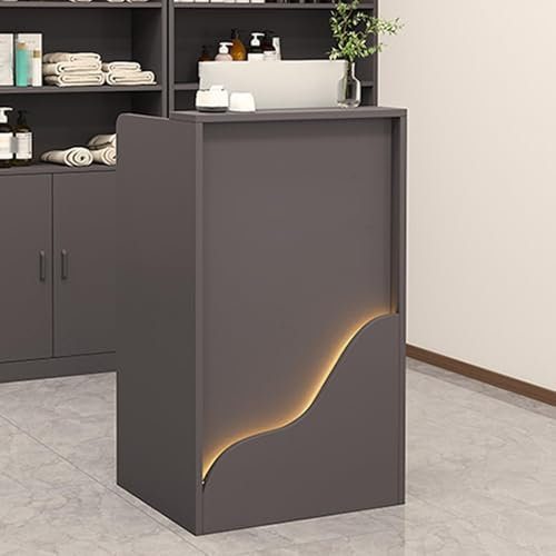 LED-beleuchteter Kassen-Rezeptionstisch Mit Schubladen For Zuhause, Salon, Geschäft Oder Hotel – Kleiner Moderner, Dunkelgrauer Design-Couchtisch Aus Holz For Den Einzelhandel, Kassentheke, Bürofront(