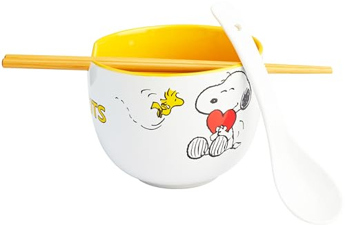 Get Trend Peanuts Snoopy Ramen Schüssel Set, 600ml Keramik Geschirr Set mit Schale, Löffel & Essstäbchen aus Bambus, Geschenk Idee (Multi Peanuts Snoopy)