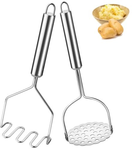 Machacador de patatas, 2 unidades, acero inoxidable, apisonador de mano con mango grueso, prensador de alimentos para puré de patatas, aguacate, frijoles