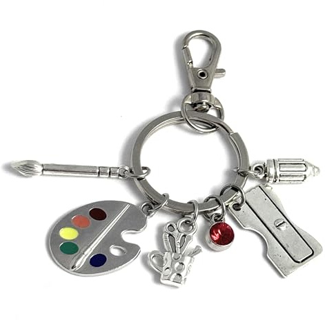 FizzyButton Gifts Painter Artist Keyring Key Ring with Paintbrush, Palette, Paint Pot, Red Rhinestone, Pencil Sharpener and Pencil Charms with Lobster Clasp