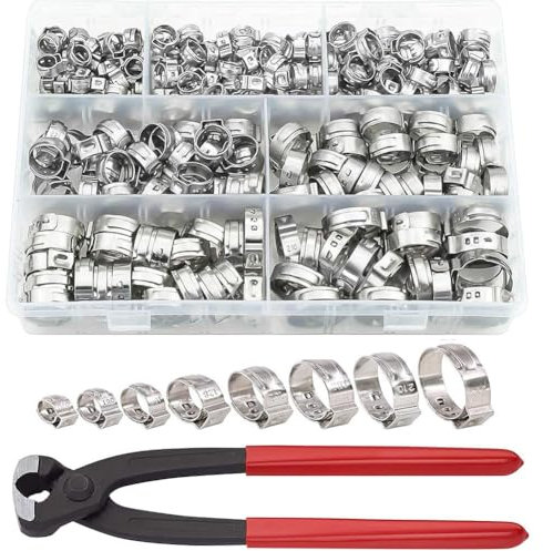 Trisoye 131PCS Single Ear Hose Clamps, Stainless Steel PEX Clamps, Stepless Clamps for Pipe Fittings, Compression Ring Clamps