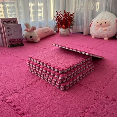 12 tappetini in schiuma di peluche a incastro, 30 x 30 cm, per soggiorno, camera da letto, piastrelle per pavimenti in schiuma a incastro (rosa, 30 x 30 x 1,25 cm)