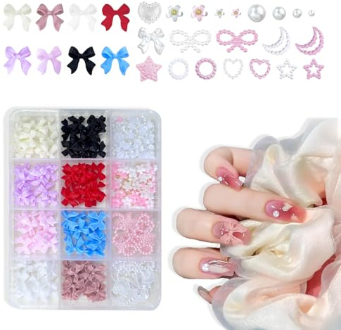 REMMUSSS 1 Boîte Charmes d'ongles 3D, pour Décoration D'ongles, Mixte Nœuds Mixtes, Perles, Fleurs, Accessoires, Perles Ongles Demi-Rondes, Breloques en Forme De Nœud 3D, DIY Nail Art Fournitures