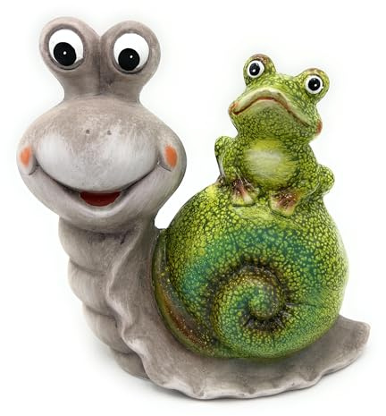 Small-Preis Keramikfigur Schnecke mit Frosch – Gartendekoration 22 x 21 cm – Witzige Tierfigur für Garten, Balkon & Terrasse