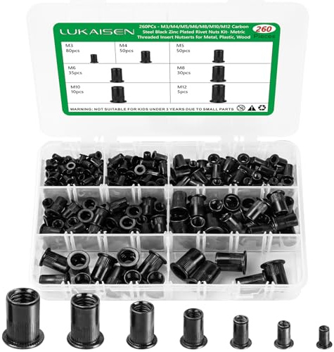 260 Pcs Rivet Nuts Kit, Flat Head Threaded Insert Nut Riveter Set, Black Zinc Plated Carbon Steel Rivnuts, Blind Rivet Nut Assortment for Metal (M3/M4/M5/M6/M8/M10/M12)(Black)