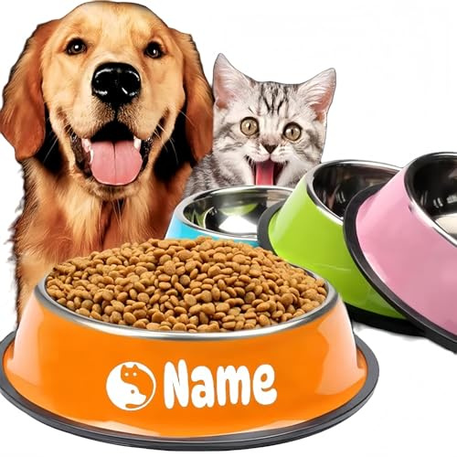 MEIEG Personalisierte Hundenäpfe/Katzennäpfe, Hundenäpfe Mit Rutschfestem Design, Futternapf Aus Edelstahl Mit Individuellem Namen, Futter- Und Wassernäpfe für Kleine, Mittelgroße Und Große Haustiere