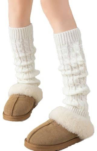 RQJLZ Damen Langer Beinwärmer Frauen Mädchen Winter Crochet Stricken, Modisch und warm Baby-Beinstulpen, Knöchelwärmer, Beinwärmer für Tanz, 40 cm Oder 55cm, Beige