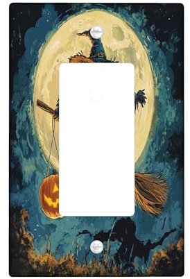Halloween Scarecrows Decorative Light Switch Cover Wall Plate 1 Gang Single Rocker, Funny Witch Broom Pumpkins Electrical Faceplate for Kitchen Bathroom, Fun Switchcover Decor