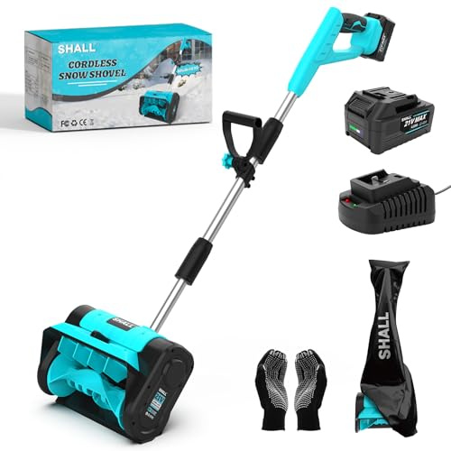 SHALL Pala da neve a batteria da 21 V (senza spazzole), spazzaneve a batteria da 30 cm (12 pollici), con deflettore e copertura antipolvere, gittata di 8 m per vialetti, scale, patio e marciapiedi
