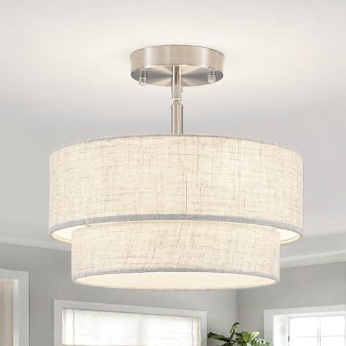 ASHUAQI Chrome Ceiling Lights, 3-Light Semi Flush Ceiling Lights, Double Drum Fabric Ceiling Light with Linen Shade, E27 Round Modern Ceiling Lights for Bedroom Living Room Hallway Lounge Dining Room