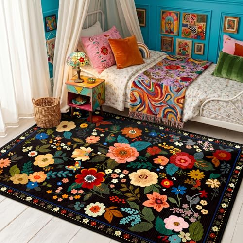 DEFYNEE Machine Washable Rugs Living Room, 90×150cm Floral Rug, Non-Slip Low Pile Boho Vintage Floral Carpet with Printed Design for Kids Room, Bedroom, Kitchen, Entryway, Lounge, Black