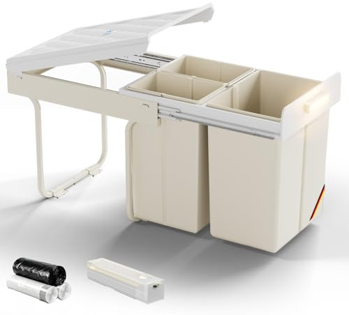 WoRaum Poubelle Encastrable Tri Sélectif 3 Compartiments, 20L+2×10L, Compatible avec Meubles/Cuisine Sous Évier, Bacs Amovibles Faciles à Nettoyer, Blanc