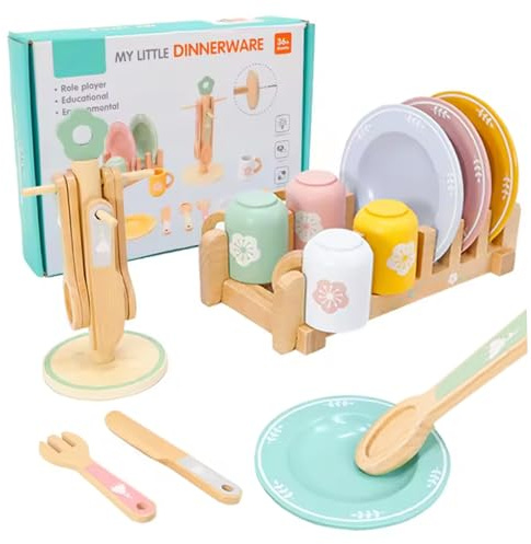 Accessoires de Cuisine de Jeu en Bois Faisant Semblant Montessori Vaisselle Jeu Amusante pour Enfants Cuisine Vaisselle