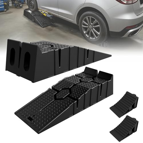 Froadp Auffahrrampe 2er Set mit Radkeilen Überfahrschutz Schwarz Kunststoff Verladerampe rutschfest Laderampe Autorampen KFZ Rampe für Auto Wartung und Reparatur Auffahrkeile 2.5T Traglast pro Paar