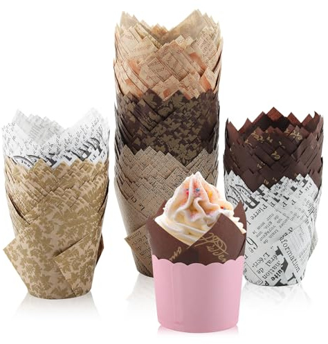 SingingWang Papel Magdalenas Horno, Moldes Magdalenas Papel, 600 Piezas, Moldes Muffins, Muffin, Cupcakes para Fiestas Navidad, Tamaño Estándar, Natural y Antiadherente (300, Tulipanes-D)