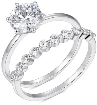 Ayoiow 2-Ring-Set Vorsteckring 375 Gold für Damen mit 1ct Moissanit, Partnerringe Verlobungsringe für Sie, 9 Karat Weißgold Größe 57 (18.1)