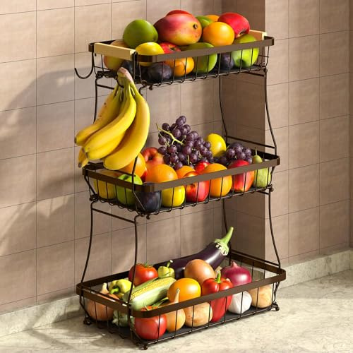 Sevenblue 3-Tier Sturdy Fruit Bowl with Banana Hangers, Brown | Large Capacity Storage for Veg, Bread, Snacks, Easy to Assemble in 30 Seconds, Protective Mats Included to Prevent Bruising