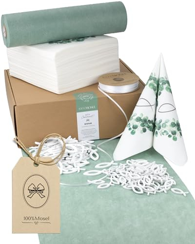 100%Mosel Tischdeko-Set – Eukalyptuskranz und Fisch (25–50 Gäste) | Komplettset für Kommunion und Konfirmation mit Vlies Tischläufer, Airlaid Servietten, Streudeko und Satinband
