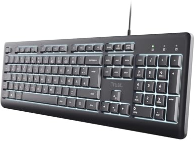 Trust Primo Beleuchtete PC Tastatur Deutsches QWERTZ Layout, Schwarz | USB-C / USB-A Kabel 180 cm, Leisen Flachen Tasten, Spritzwassergeschütztes Design, Computer Laptop Windows Mac