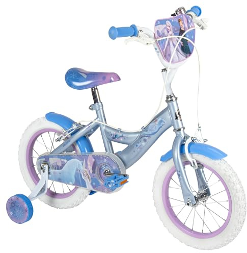 Huffy Disney Frozen Bike, 12 Zoll, 14 Zoll, 16 Zoll Kinderfahrrad, Alter 3-9 Jahre, Doppelschieberbremsen, abnehmbare Stützräder, verstellbarer Sitz, Blau