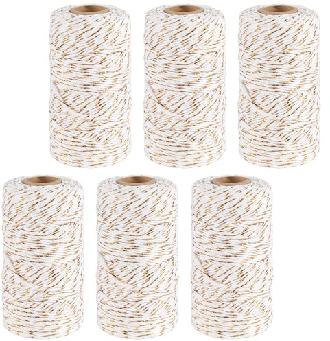 SENJEOK 6 Pcs 2mm x 100m Cotton Twine Rope, Gold and White String for Crafts and Gift Wrapping