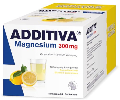 ADDITIVA Magnesium 300 mg – Trinkgranulat mit Zitronen-Geschmack –60Sachets- Schnell löslich & magenfreundlich& auf Kölner Liste – Unterstützt Muskeln, Nerven & Energiestoffwechsel