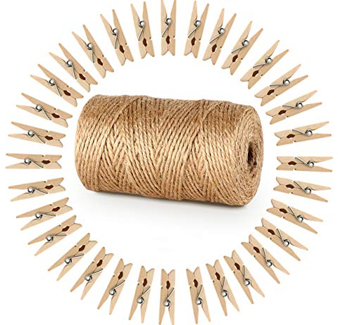 ABSOFINE Garten Kordel mit 100 Wäscheklammern Holz 3,5cm Bastelschnur Jute Kordel 100M Natur Juteschnur Clothespins Verpackung Gastgeschenk