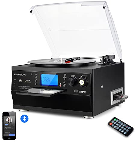 DIGITNOW Bluetooth Record Player Turntable with Stereo Speaker, LP Vinyl to MP3 Converter with CD, Cassette, Radio, Aux in and USB/SD Encoding, Remote Control, Audio Music Player Built in Amplifier