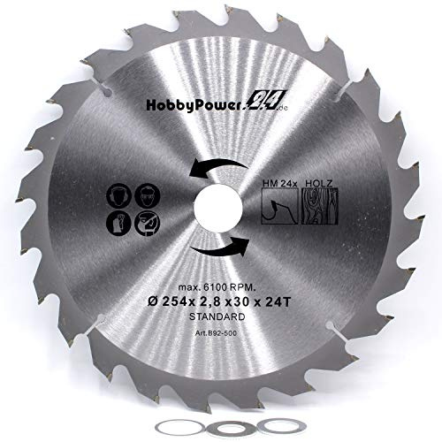 1 Kreissägeblatt Sägeblatt 254x30mm 24 Zähne + 3 Reduzierringe auf 25,4/20 / 16 mm für Scheppach Tischkreissäge HS105, HS110