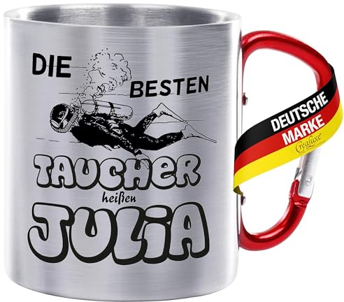 CreaLuxe Edelstahltasse mit Karabiner - Die besten Taucher heißen Wunschname - 330ml, Tasse personalisiert, Kaffeetasse, Bürotasse, Metalltasse mit Name