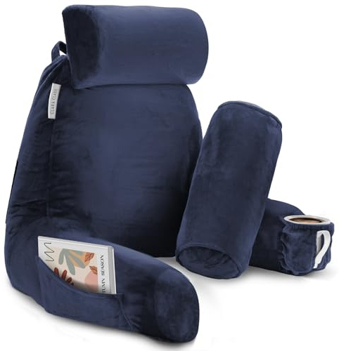 Clara Clark Reading Pillow with Shredded Memory Foam Includes 2 Neck and Lumber Support Pillows, Designed for Sitting Up in Bed and Couch, Back and Arms Adjustable Support for Adults & Teens Navy Blue