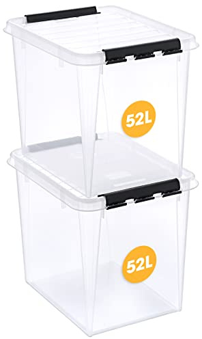 SmartStore Aufbewahrungsboxen mit Deckel, groß, 52 l, transparent, 2er-Pack, verstärkt, 10 Jahre Garantie, lebensmittelecht, mit Clipverschluss, stapelbar, BPA-freier Kunststoff, 50 x 39 x 41 cm