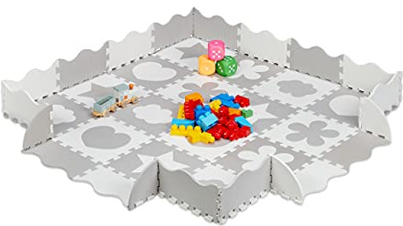 Relaxdays Puzzlematte 52-teilig, EVA Schaumstoff, schadstofffrei, 1,4 m², Spielmatte mit Rand, versch. Motive, grau/weiß
