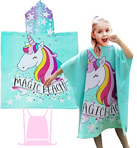 Toalla de Baño Infantil Toalla de Playa Ponchos Encapuchados Baño Unicornio Microfibra Grandes Suave Albornoz Absorbentes Secado Rápido Toalla Piscina Surf Toalla con Capucha para Niña 6-14 Años