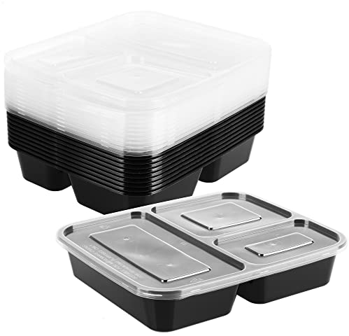 com-four® 10x Vorratsschale mit Deckel - Meal Prep Container - Essensbox 3-geteilt - Frischhaltebox (10 Stück - schwarz - 3-geteilt)