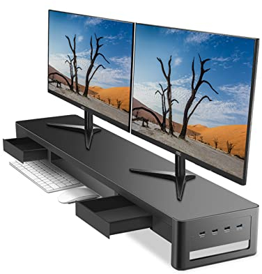 meatanty Dual-Monitorständer mit 2 Schubladen und 4 USB-Anschlüssen, Metall-Monitorständer für 2 Monitore, unterstützt Datenübertragung und Aufladen, Schreibtisch-Organizer für PC, iMac (98,3 cm)