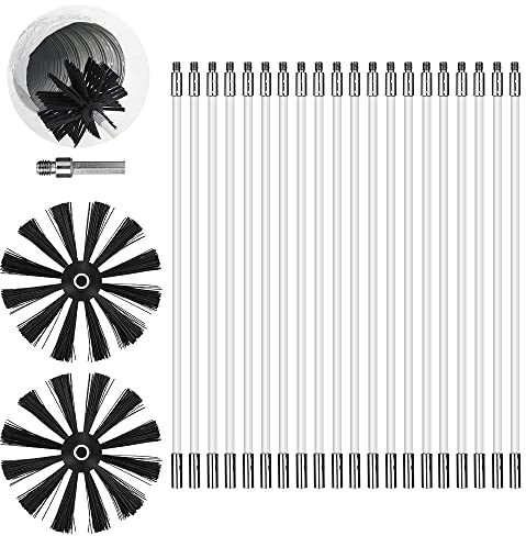 Swetup Chimney Sweep Kit, 23 Pcs Duct Vent Cleaning Set with 20 Nylon Rods 2 Brush Heads 1 Drill Connector, Chimney Cleaning Brush for Fireplace, Dryer Vent, Sewage Pipe, Fume Hood