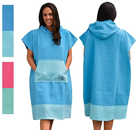 Sea Aloha Surf Poncho Damen - Handtuch Poncho - Kapuzenhandtuch Erwachsene - Wickelponcho - 100% Baumwolle Handtuch Poncho - Poncho Strandtuch - Surf, Strand, Pool, Boot (Aqua/Hellblau)